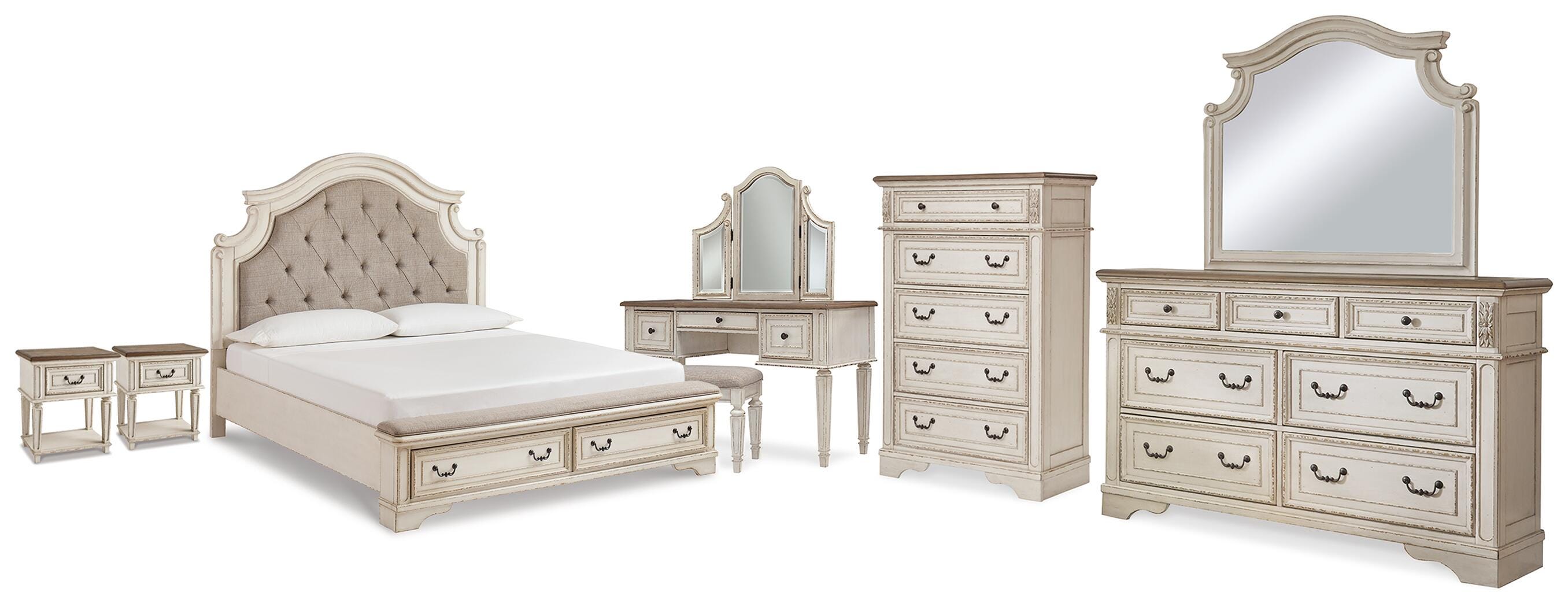 Hoover Furniture Outlet - Ashley Furniture - Realyn King Storage Bed, Dresser, Mirror, Chest, Vanity with Stool and 2 Nightstands - King Storage Bed, Dresser, Mirror, Chest, Vanity with Stool and 2 Nightstands - B743B107