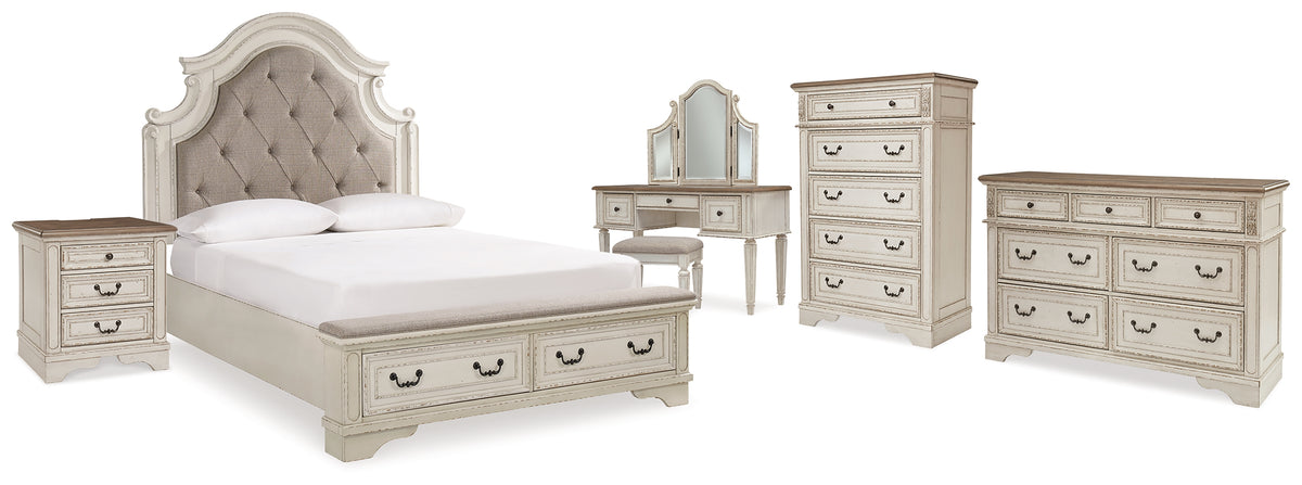 Hoover Furniture Outlet - Ashley Furniture - Realyn Queen Upholstery Panel Bed, Dresser, Chest, Nightstand, and Vanity Set - Queen Upholstery Panel Bed, Dresser, Chest, Nightstand, and Vanity Set - B743B35