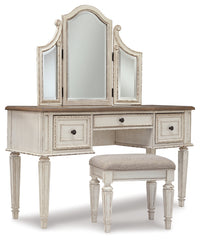 Realyn Twin Upholstered Panel Bed, Chest, Vanity and Nightstand