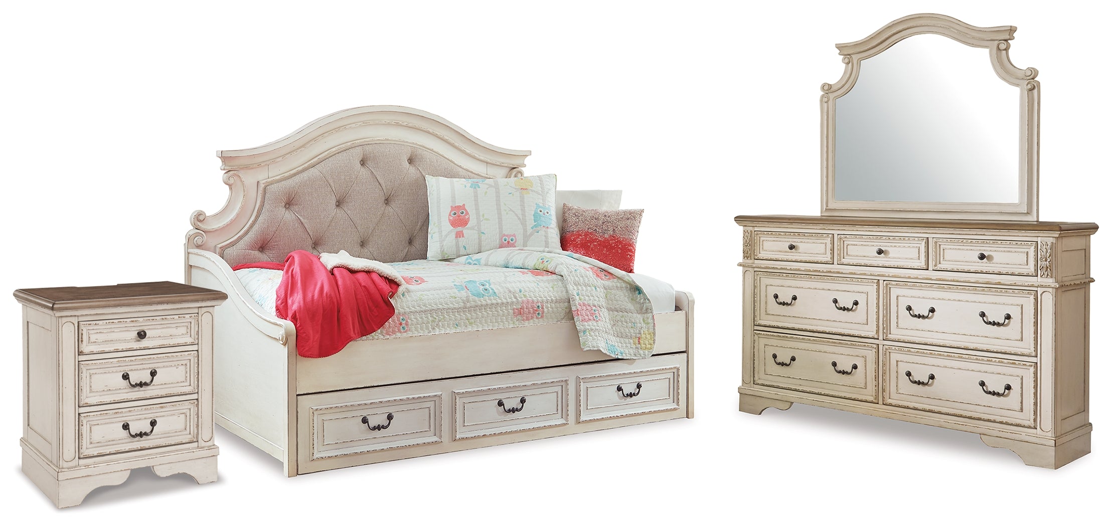 Hoover Furniture Outlet - Ashley Furniture - Realyn Twin Day Bed with Storage, Dresser, Mirror and Nightstand - Twin Day Bed with Storage, Dresser, Mirror and Nightstand - B743B94