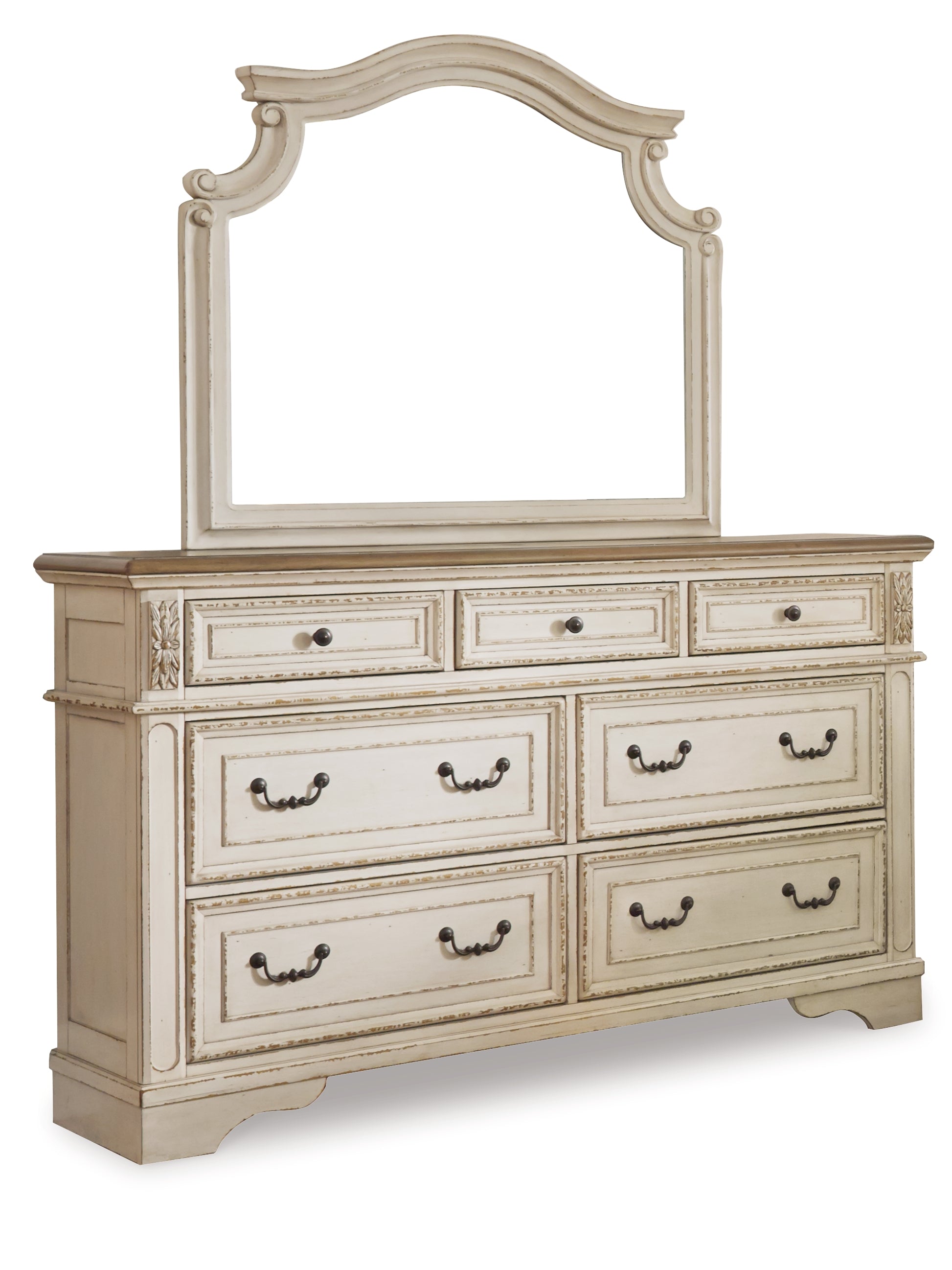 Hoover Furniture Outlet - Ashley Furniture - Realyn California King Upholstered Bed, Dresser, Mirror and Chest - California King Upholstered Bed, Dresser, Mirror and Chest / Chipped White - B743B25