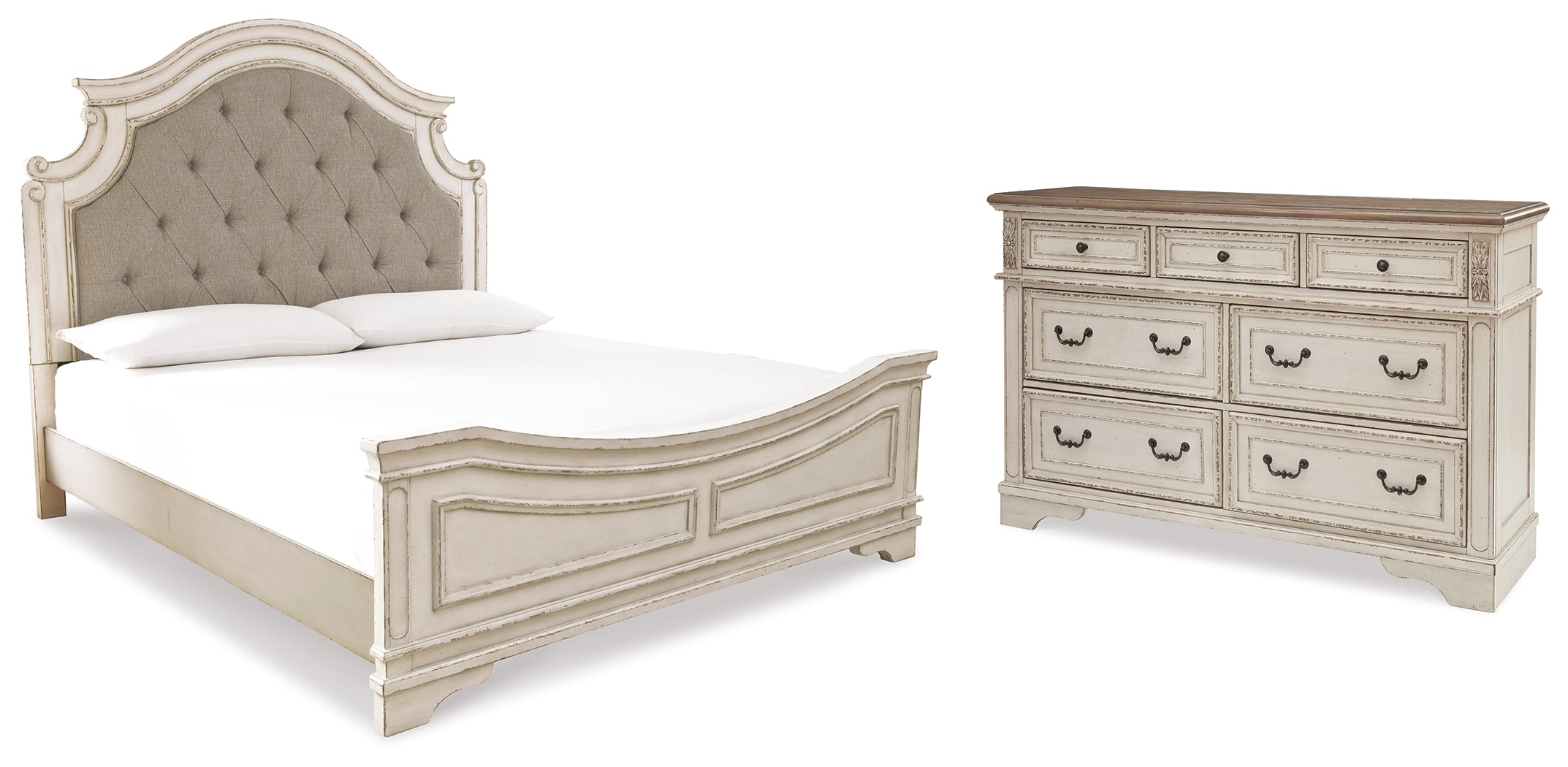 Hoover Furniture Outlet - Ashley Furniture - Realyn King Upholstered Panel Bed and Dresser - King Upholstered Panel Bed and Dresser / Two-tone - B743B38