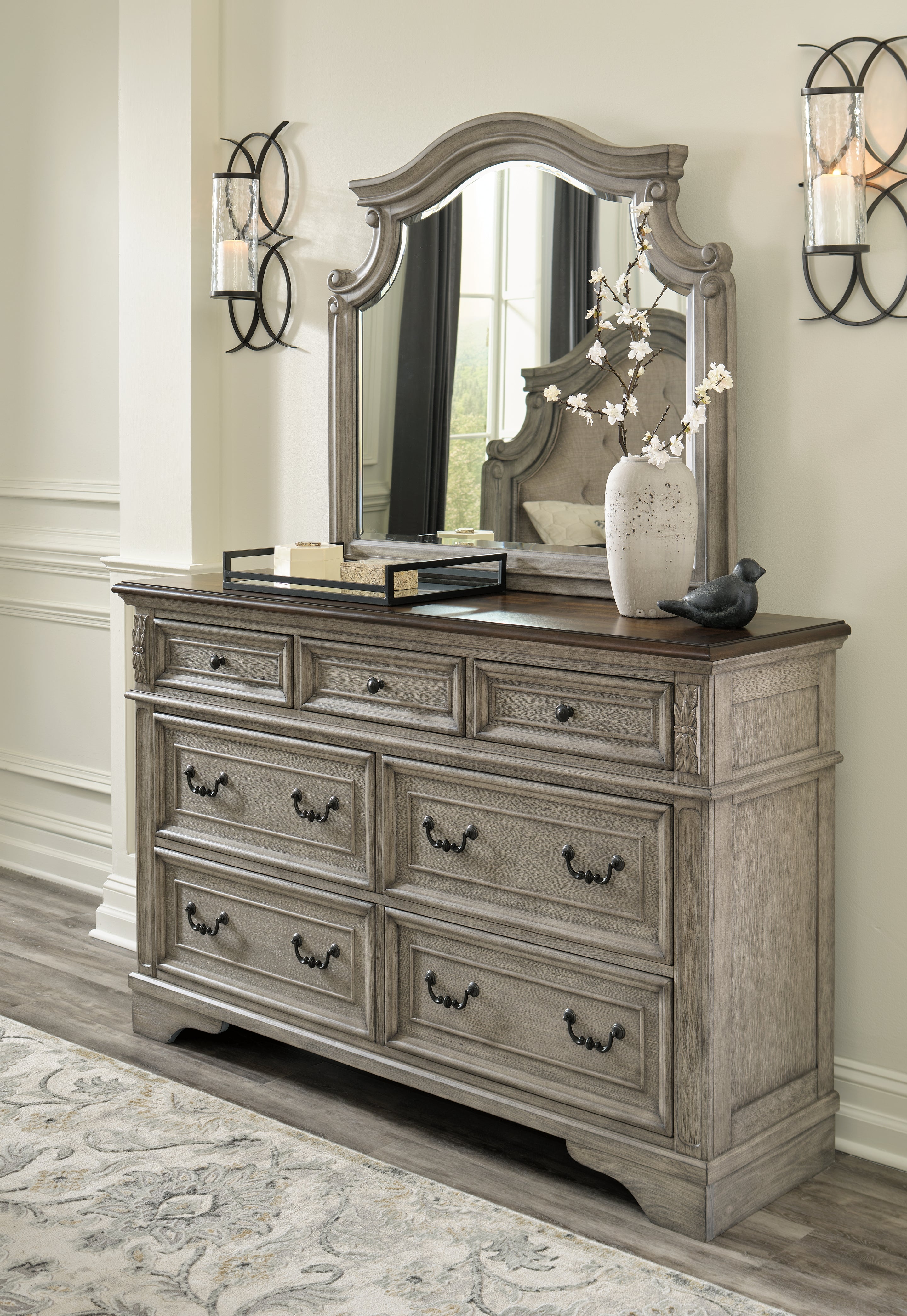 Hoover Furniture Outlet - Ashley Furniture - Lodenbay Dresser and Mirror - Dresser and Mirror / Antique Gray/Brown - B751B1