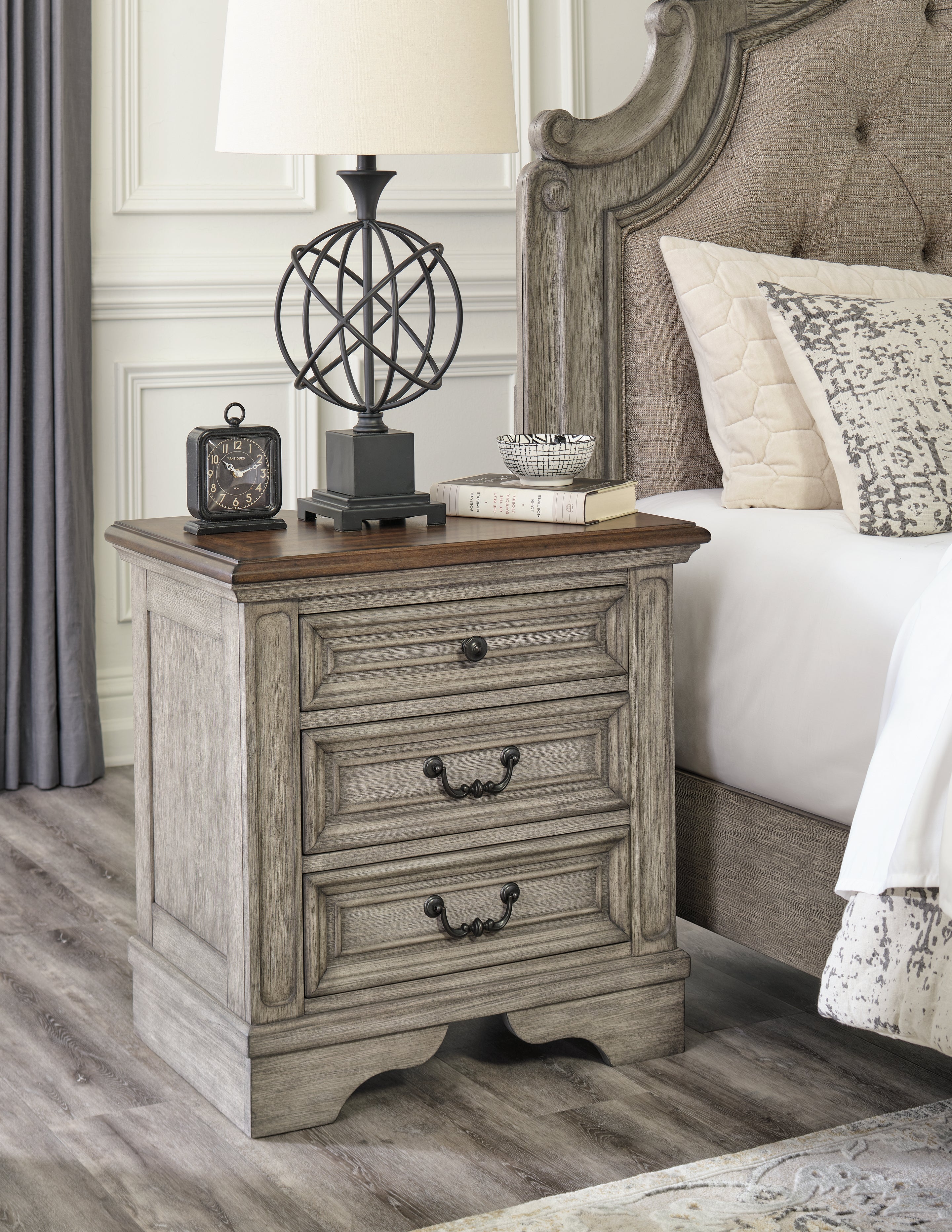Hoover Furniture Outlet - Ashley Furniture - Lodenbay Nightstand - Three Drawer Night Stand / Antique Gray/Brown - B751-93