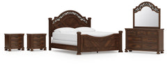 Hoover Furniture Outlet - Ashley Furniture - Lavinton California King Poster Bed, Dresser, Mirror and 2 Nightstands - California King Poster Bed, Dresser, Mirror and 2 Nightstands - B764B21
