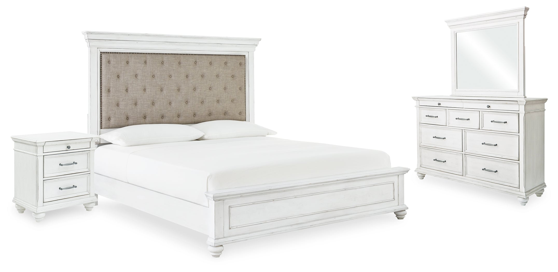 Hoover Furniture Outlet - Ashley Furniture - Kanwyn Queen Upholstered Panel Bed, Dresser, Mirror, and Nightstand - Queen Upholstered Panel Bed, Dresser, Mirror, and Nightstand - B777B16