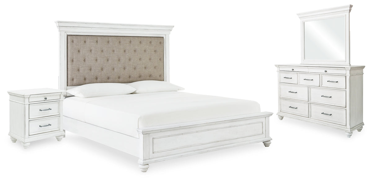 Hoover Furniture Outlet - Ashley Furniture - Kanwyn Queen Upholstered Panel Bed, Dresser, Mirror, and Nightstand - Queen Upholstered Panel Bed, Dresser, Mirror, and Nightstand - B777B16