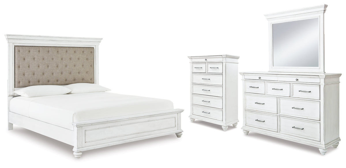 Hoover Furniture Outlet - Ashley Furniture - Kanwyn Cal King Upholstered Panel Bed, Dresser, Mirror and Chest - Cal King Upholstered Panel Bed, Dresser, Mirror and Chest - B777B23