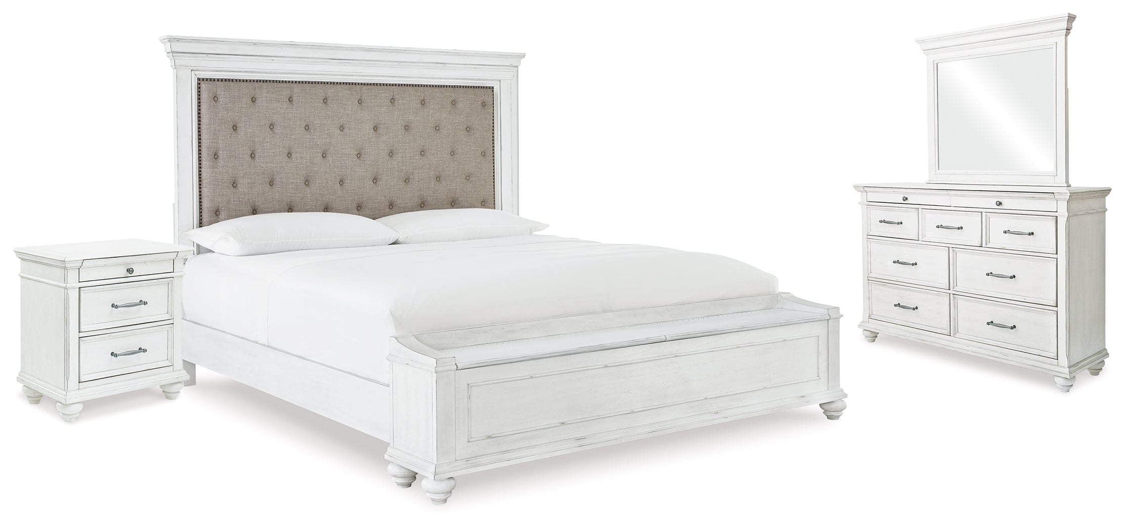 Hoover Furniture Outlet - Ashley Furniture - Kanwyn King Upholstered Storage Bed, Dresser, Mirror and Nightstand - King Upholstered Storage Bed, Dresser, Mirror and Nightstand - B777B25