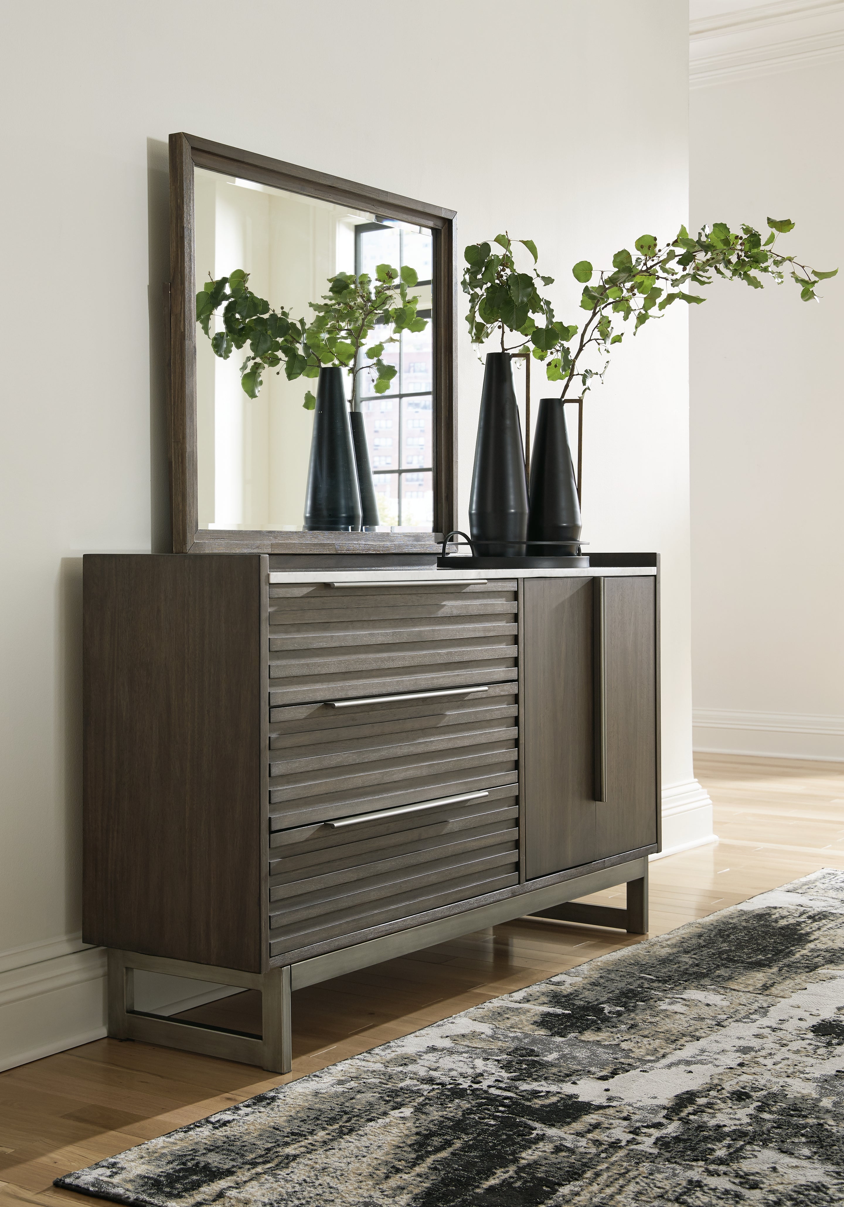 Hoover Furniture Outlet - Ashley Furniture - Arkenton Dresser and Mirror - Dresser and Mirror / Grayish Brown - B786B1