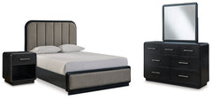 Hoover Furniture Outlet - Ashley Furniture - Rowanbeck Queen Upholstered Panel Bed, Dresser, Mirror and Nightstand - Queen Upholstered Panel Bed, Dresser, Mirror and Nightstand - B821B9