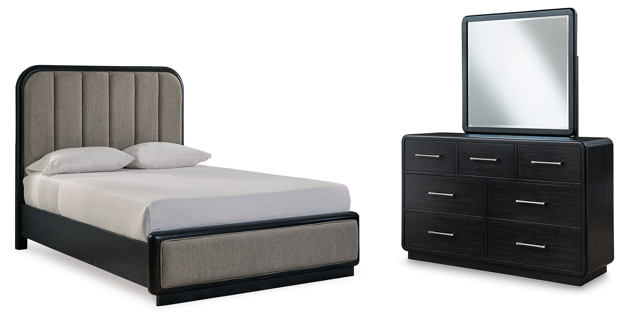 Hoover Furniture Outlet - Ashley Furniture - Rowanbeck Queen Upholstered Panel Bed, Dresser and Mirror - Queen Upholstered Panel Bed, Dresser and Mirror - B821B3