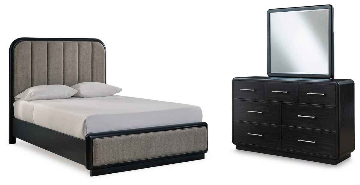Hoover Furniture Outlet - Ashley Furniture - Rowanbeck Queen Upholstered Panel Bed, Dresser and Mirror - Queen Upholstered Panel Bed, Dresser and Mirror - B821B3