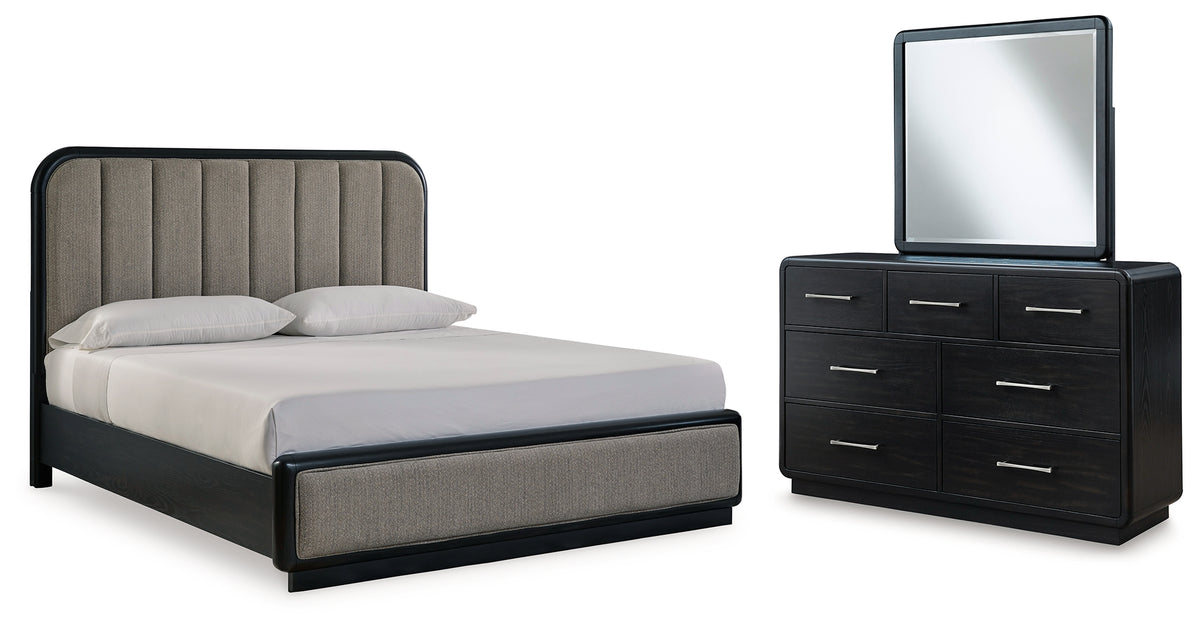 Hoover Furniture Outlet - Ashley Furniture - Rowanbeck King Upholstered Panel Bed, Dresser and Mirror - King Upholstered Panel Bed, Dresser and Mirror - B821B6