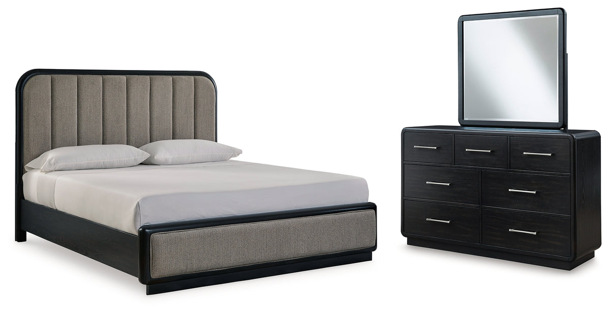 Hoover Furniture Outlet - Ashley Furniture - Rowanbeck California King Upholstered Panel Bed, Dresser and Mirror - California King Upholstered Panel Bed, Dresser and Mirror - B821B7