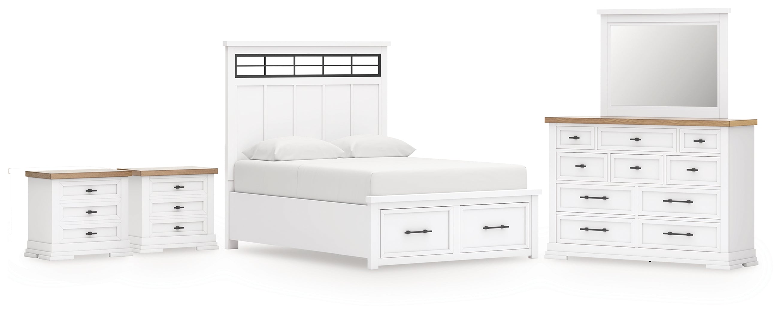 Hoover Furniture Outlet - Ashley Furniture - Ashbryn Queen Panel Storage Bed, Dresser, Mirror and 2 Nightstands - Queen Panel Storage Bed, Dresser, Mirror and 2 Nightstands - B844B11