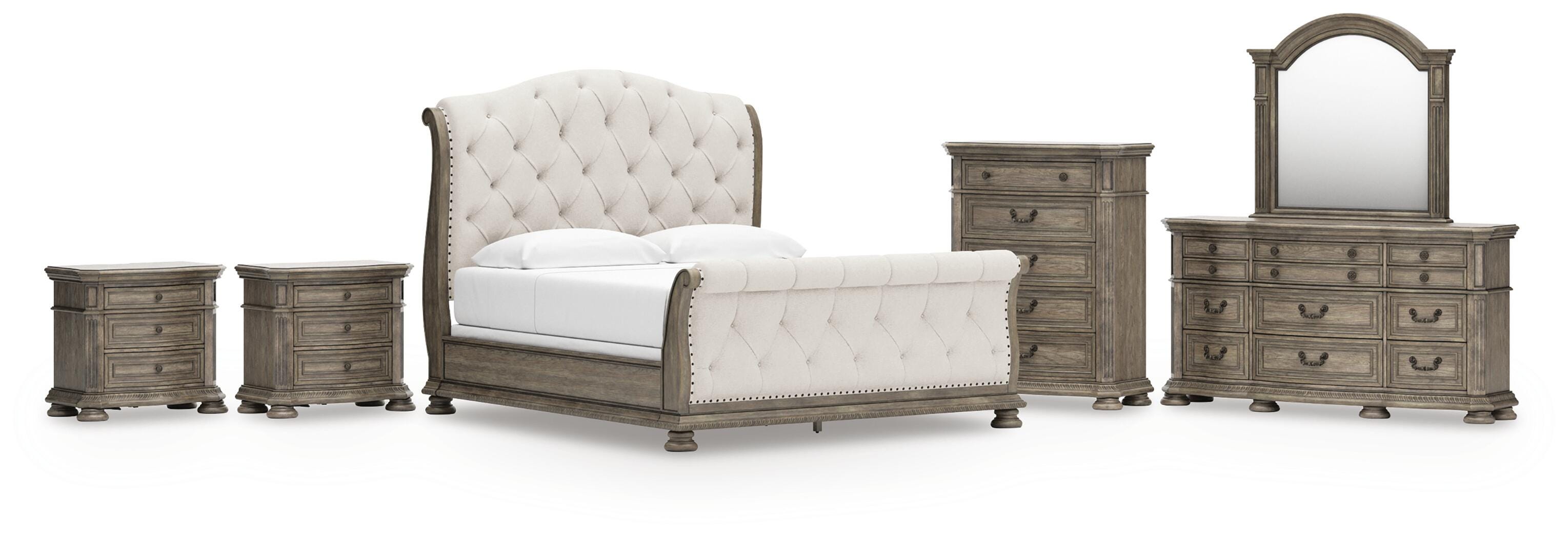 Hoover Furniture Outlet - Ashley Furniture - Ardenfield King Upholstered Sleigh Bed, Dresser, Mirror, Chest and 2 Nightstands - King Upholstered Sleigh Bed, Dresser, Mirror, Chest and 2 Nightstands - B944B9