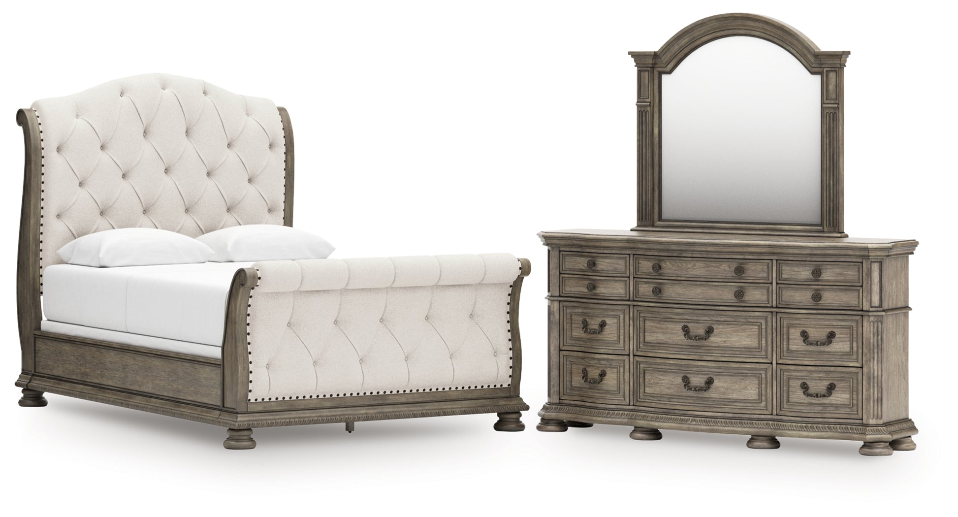 Hoover Furniture Outlet - Ashley Furniture - Ardenfield Queen Upholstered Sleigh Bed, Dresser and Mirror - Queen Upholstered Sleigh Bed, Dresser and Mirror - B944B3