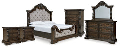 Maylee King Upholstered Bed, Dresser, Mirror, Chest and 2 Nightstands