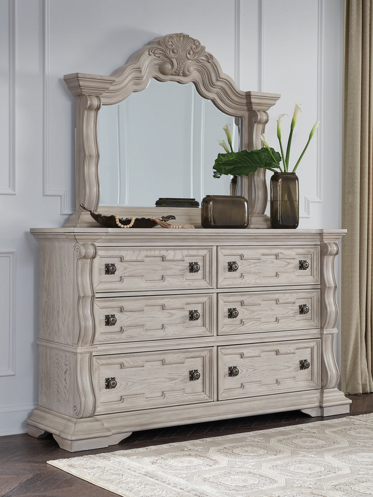 Hoover Furniture Outlet - Ashley Furniture - Bruchandi Dresser and Mirror - Dresser and Mirror / Antique White - PCB948B1