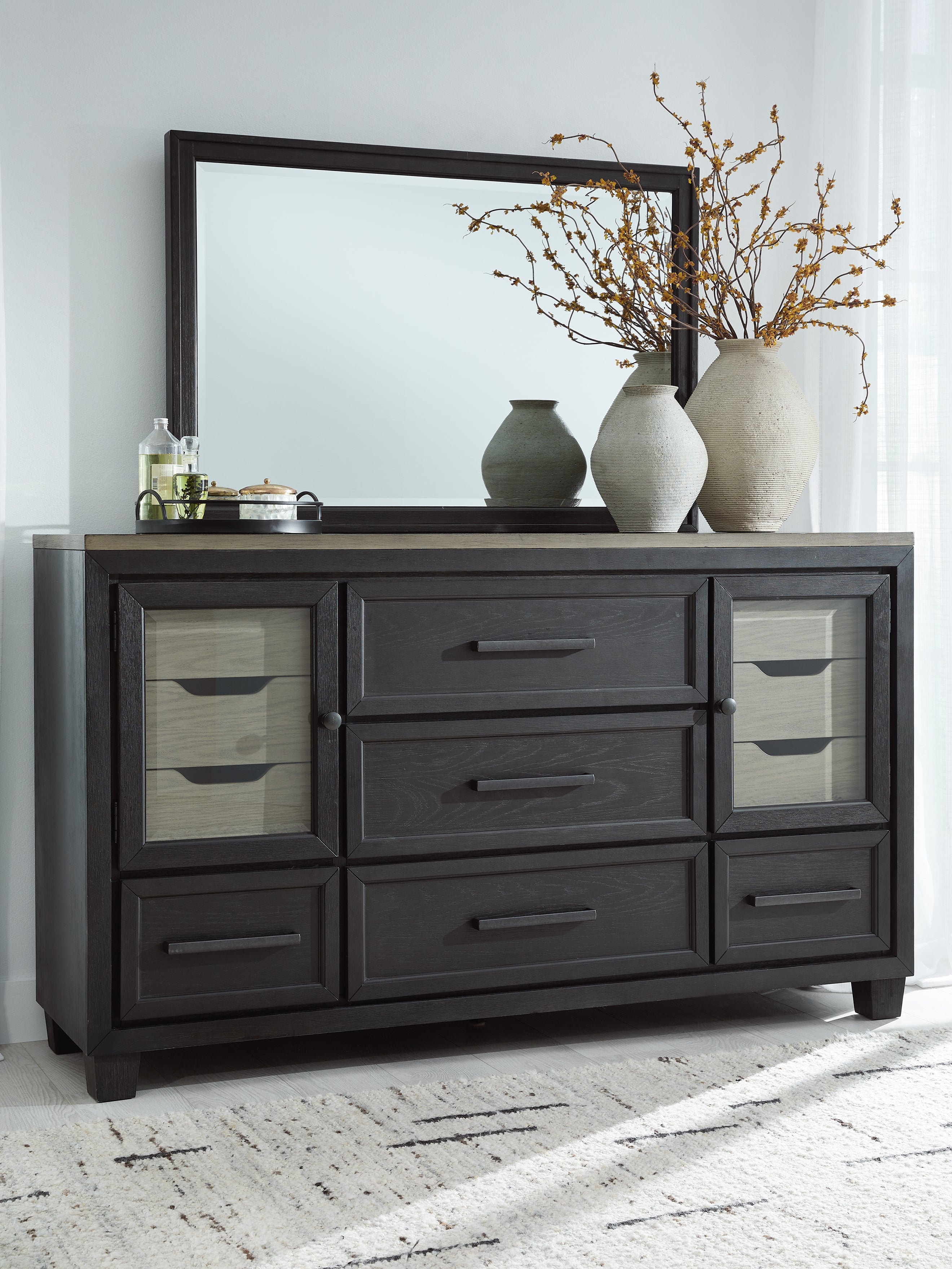 Hoover Furniture Outlet - Ashley Furniture - Foyland Dresser and Mirror - Dresser and Mirror / Black/Brown - B989B1