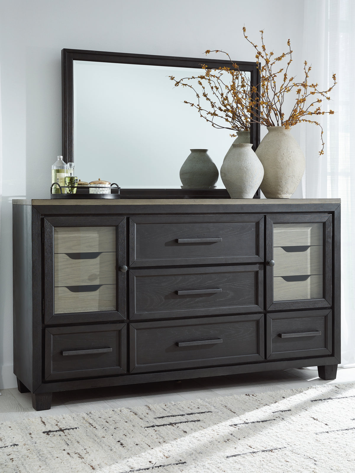 Hoover Furniture Outlet - Ashley Furniture - Foyland Dresser and Mirror - Dresser and Mirror / Black/Brown - B989B1