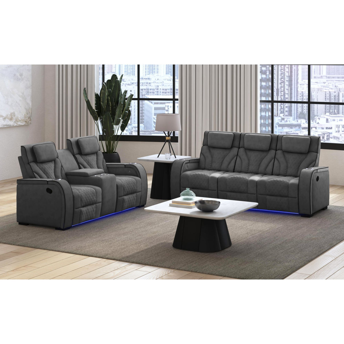 Blitz Motion Sofa with DDT, Reading Light, Wireless Charger and LED in Simba Slate and Black Welt