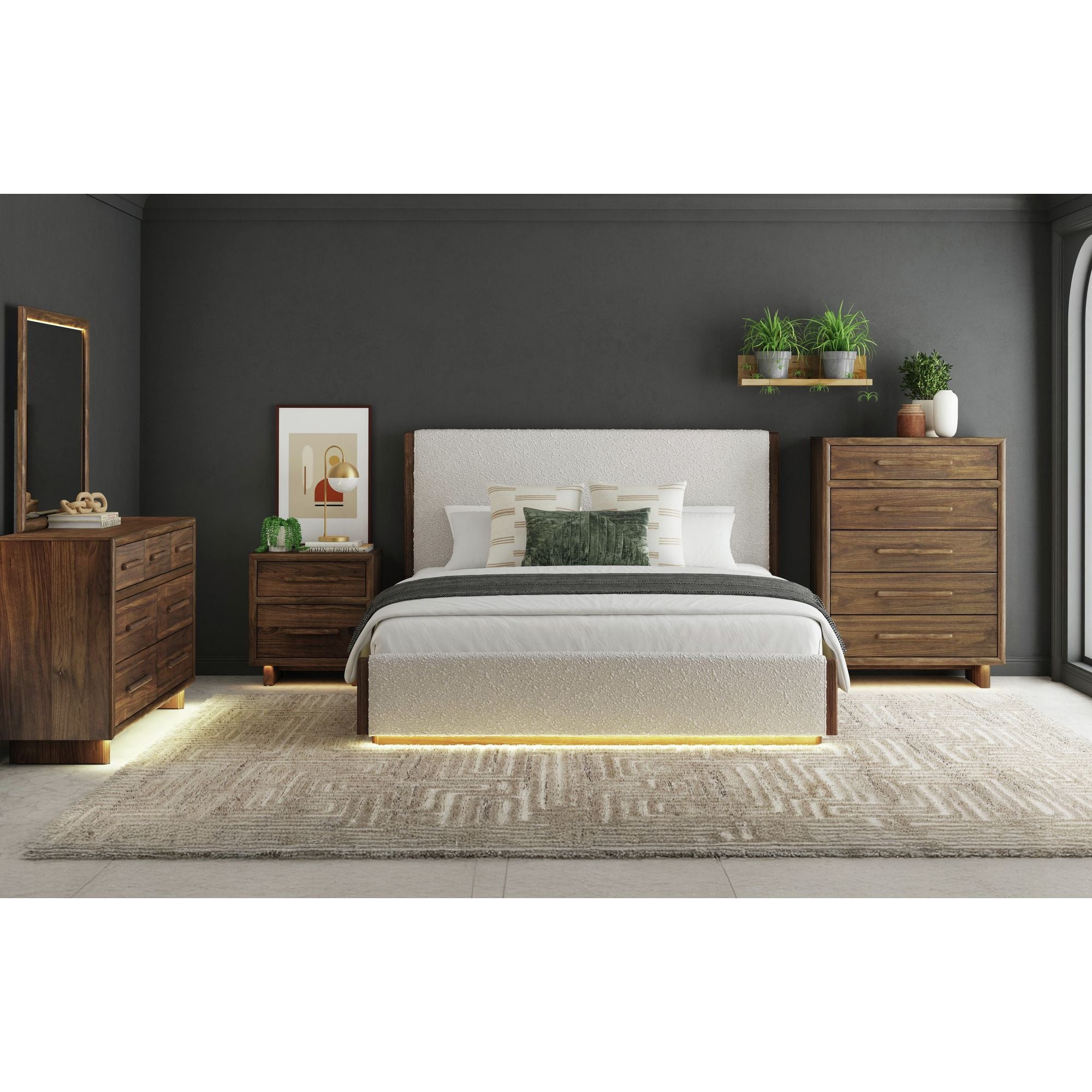 Brisbane Queen UPH Bed with Boucle Beige and LED in Brown – SKU B-16760-5-QUB | Elements