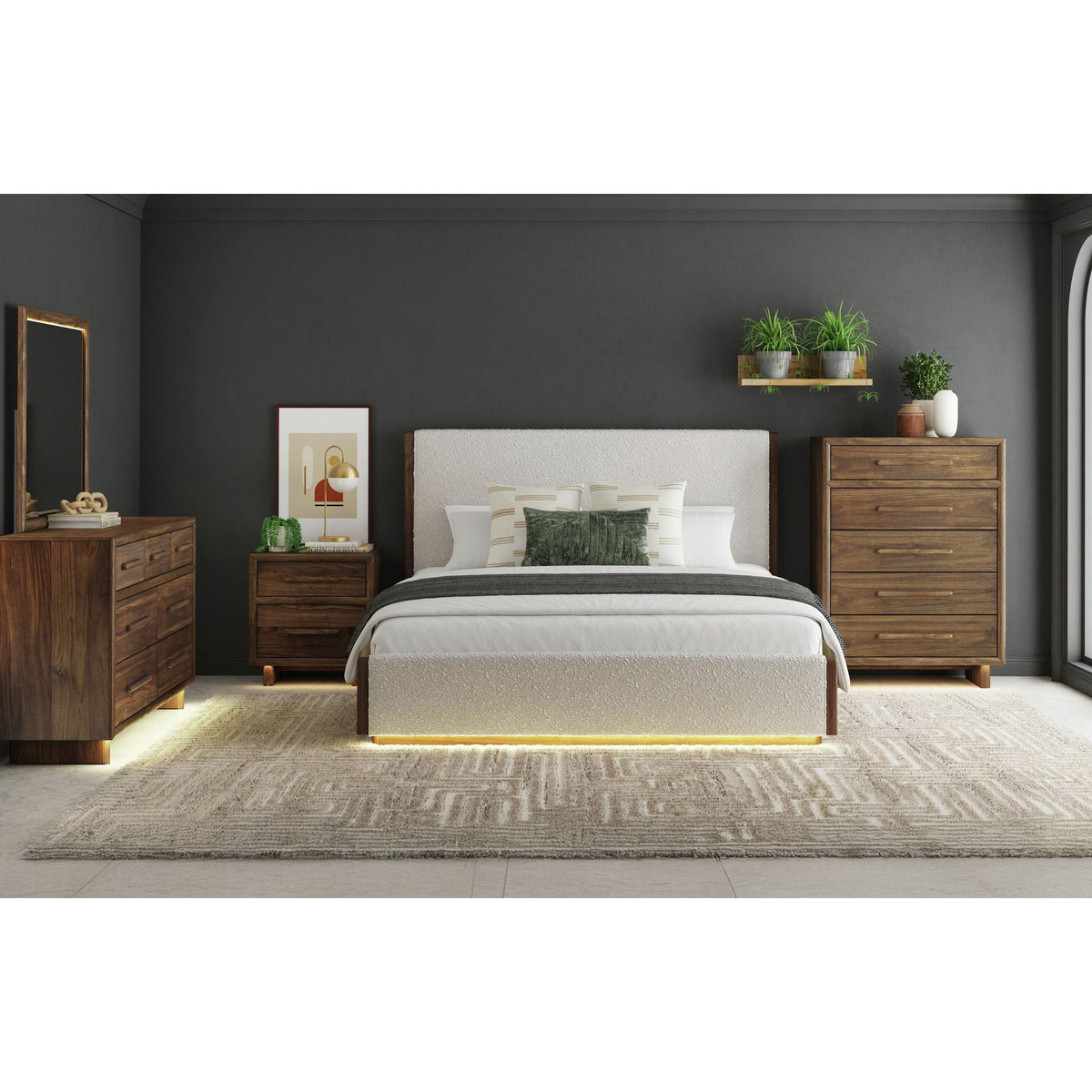 Brisbane King UPH Bed with Boucle Beige and LED in Brown – SKU B-16760-5-KUB | Elements