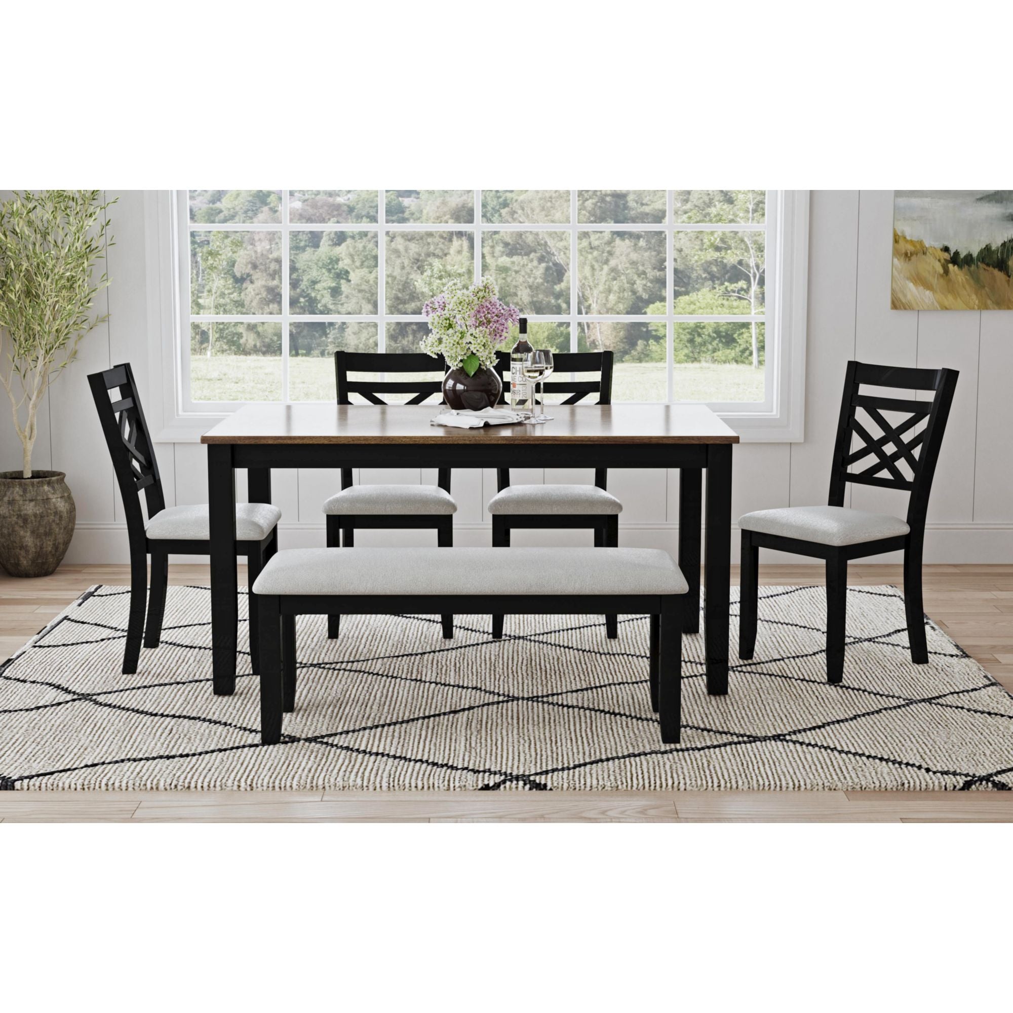 Brooks 6PC Dining Set with Table, 4 Wood Back and UPH Seat Chairs, and Bench in Medium Brown & Black – SKU D-16720-8-6DS3 | Elements