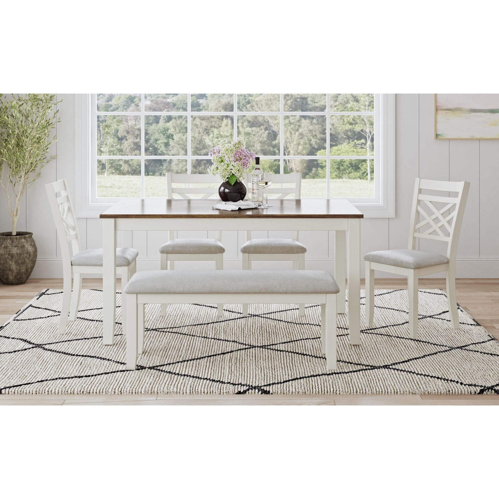 Brooks 6PC Dining Set with Table, 4 Wood Back and UPH Seat Chairs, and Bench in Medium Brown & White – SKU D-16720-7-6DS3 | Elements