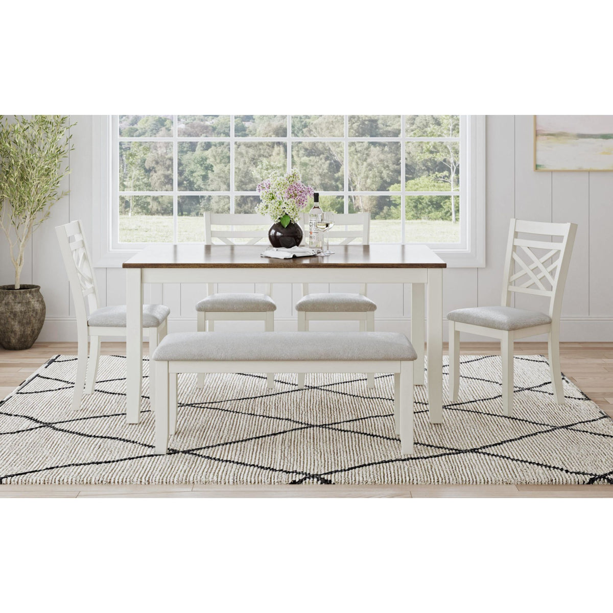 Brooks 6PC Dining Set with Table, 4 Wood Back and UPH Seat Chairs, and Bench in Medium Brown & White – SKU D-16720-7-6DS3 | Elements