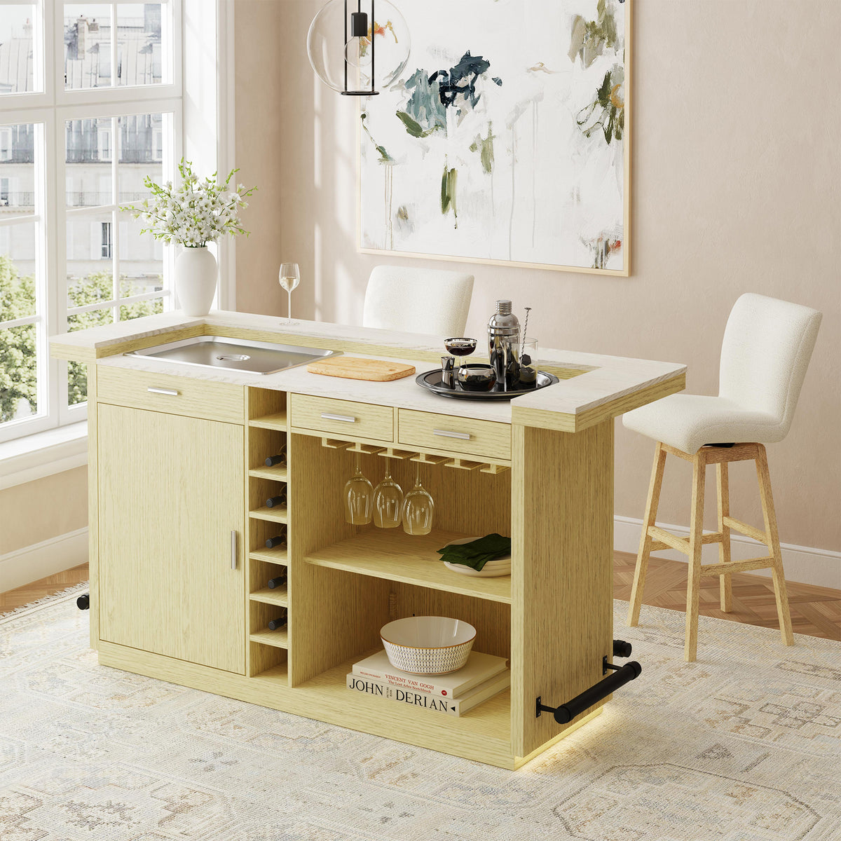 Cambrie UPH Swivel Bar Stool with Beige Boucle in Natural (2 Per Carton) – SKU DA-18010-6-BST | Elements