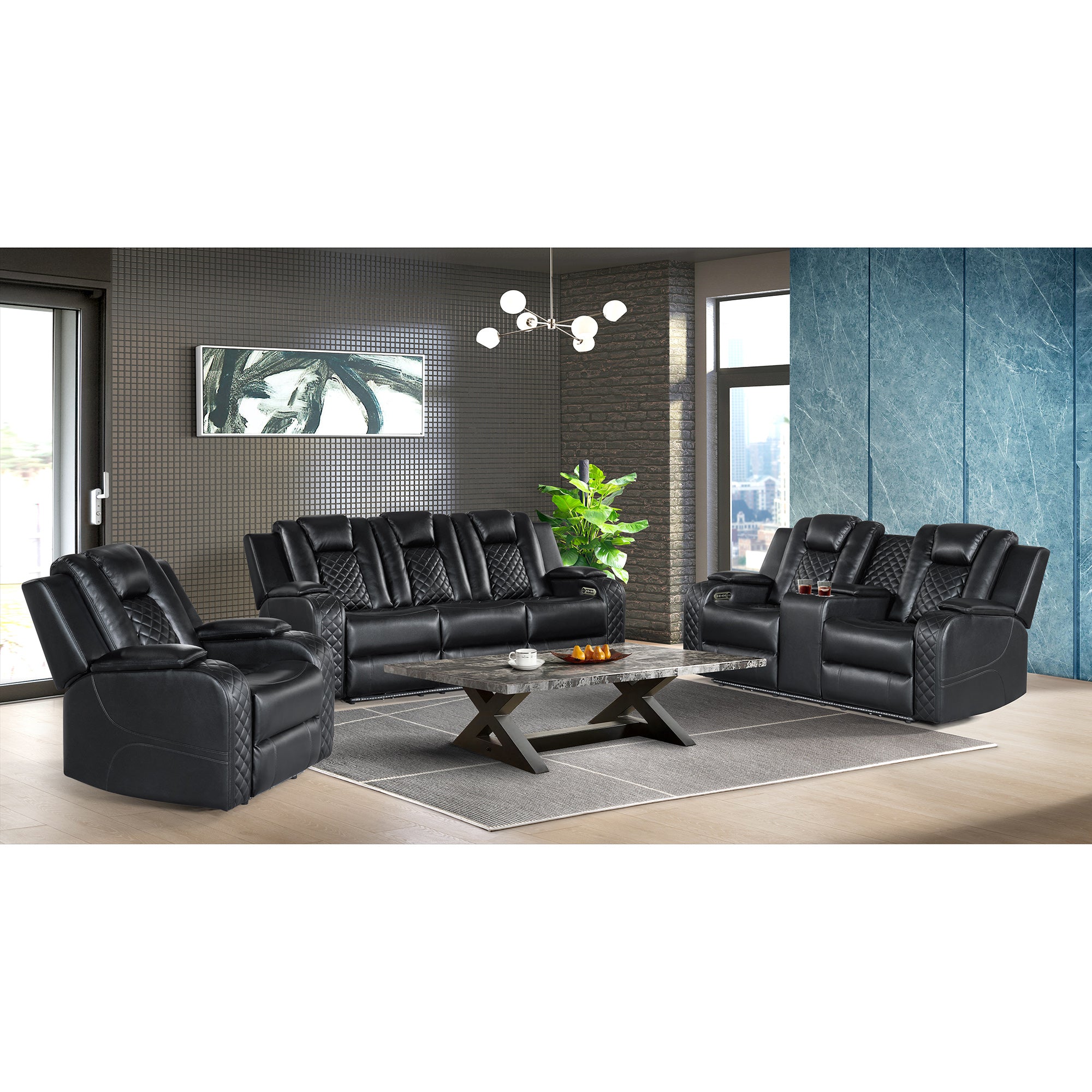 Carlo Power Motion Sofa with Power Headrest, Dropdown Table, Power strip, led and reading light in Pebble Black – SKU U-8900-8206-308PP | Elements