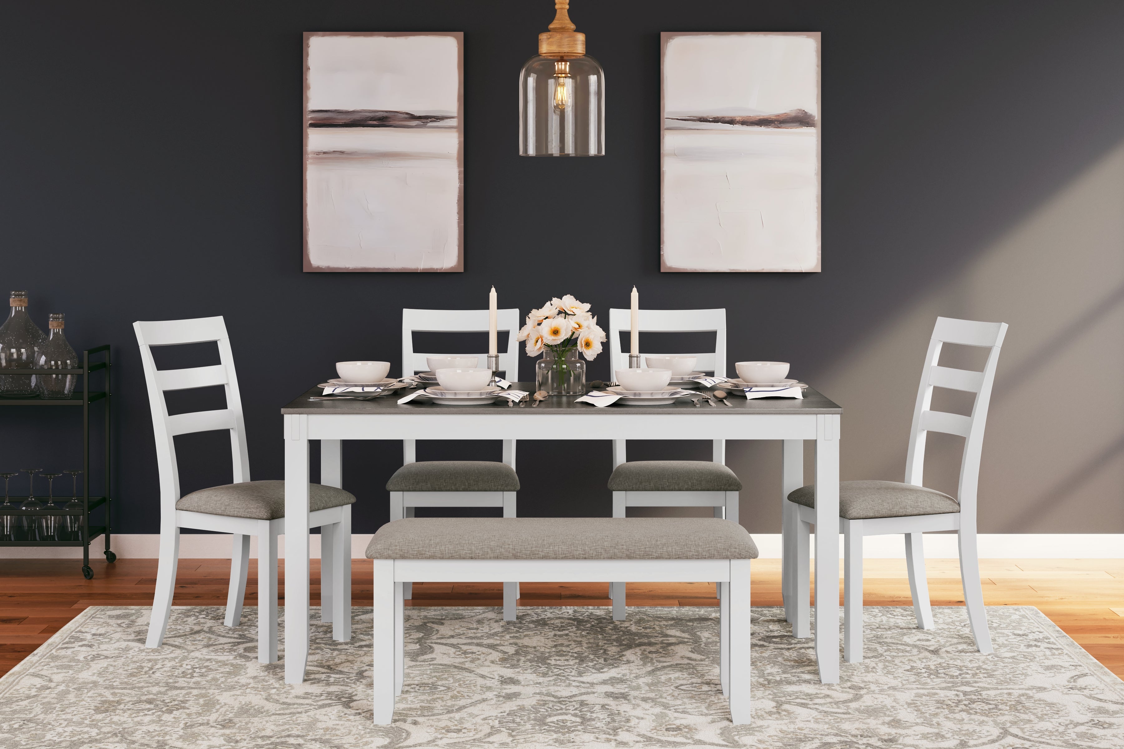 Hoover Furniture Outlet - Ashley Furniture - Stonehollow Dining Table and Chairs with Bench (Set of 6) - RECT DRM Table Set (6/CN) / White/Gray - D382-325