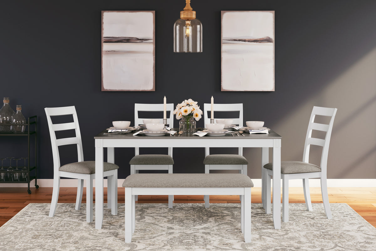Hoover Furniture Outlet - Ashley Furniture - Stonehollow Dining Table and Chairs with Bench (Set of 6) - RECT DRM Table Set (6/CN) / White/Gray - D382-325