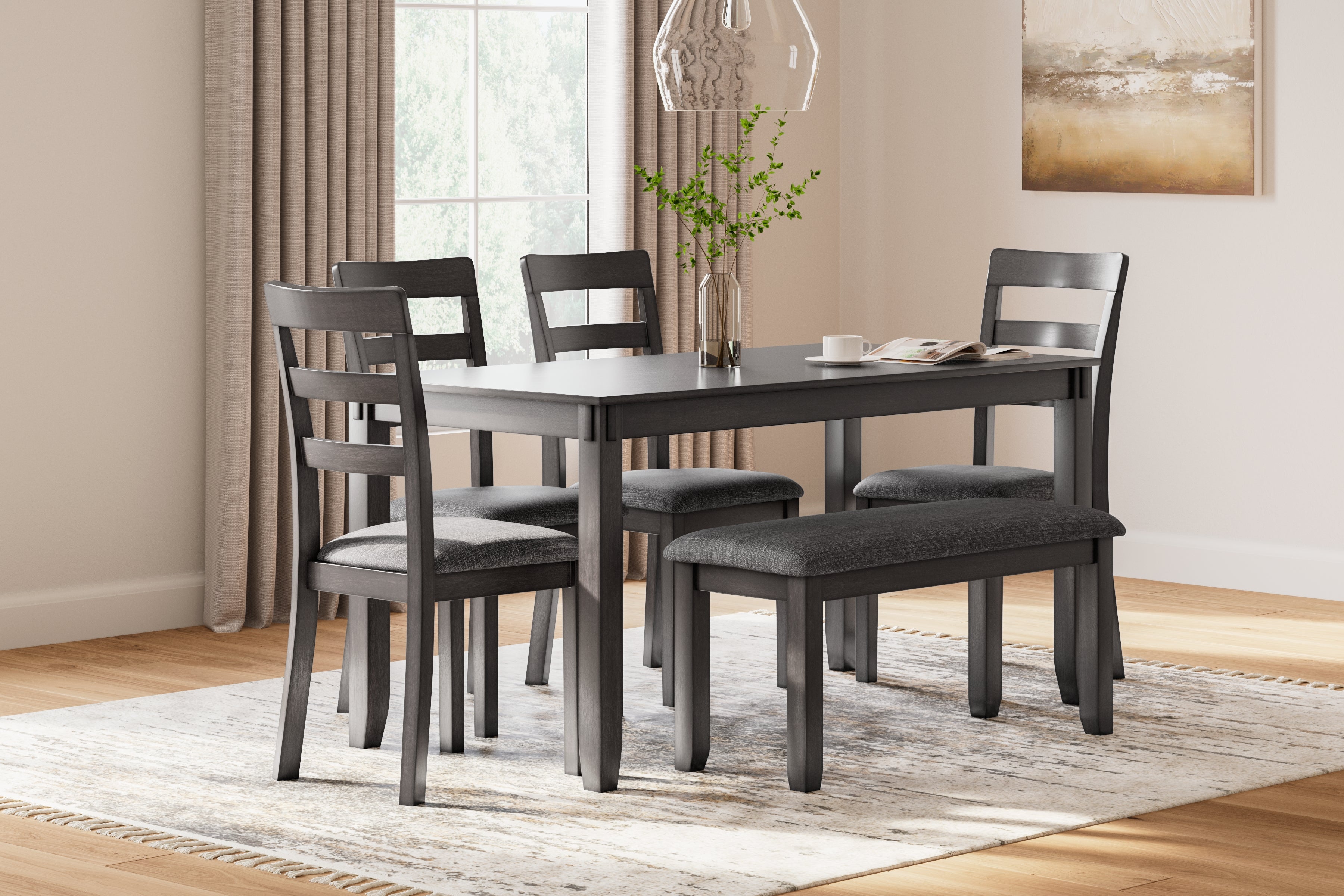 Hoover Furniture Outlet - Ashley Furniture - Bridson Dining Table and Chairs with Bench (Set of 6) - RECT DRM Table Set (6/CN) / Gray - D383-325