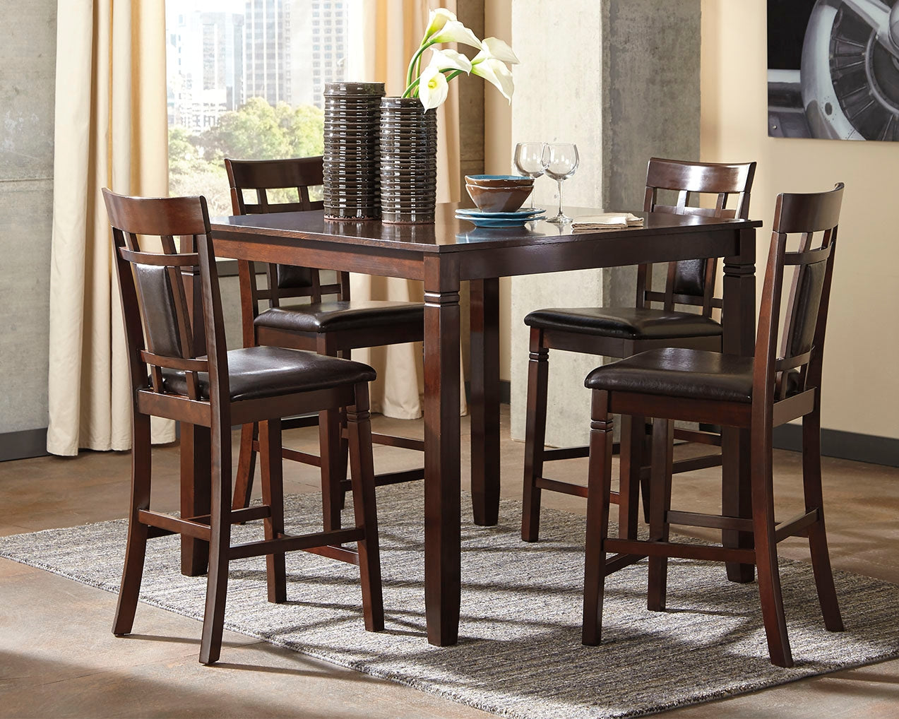 Hoover Furniture Outlet - Ashley Furniture - Bennox Counter Height Dining Table and Bar Stools (Set of 5) - DRM Counter Table Set (5/CN) / Brown - D384-223