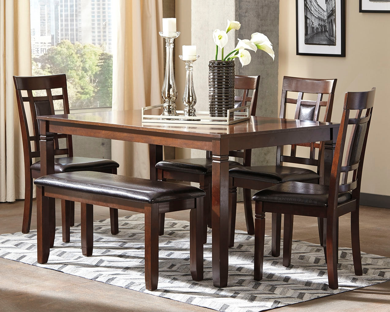 Hoover Furniture Outlet - Ashley Furniture - Bennox Dining Table and Chairs with Bench (Set of 6) - Dining Room Table Set (6/CN) / Brown - D384-325