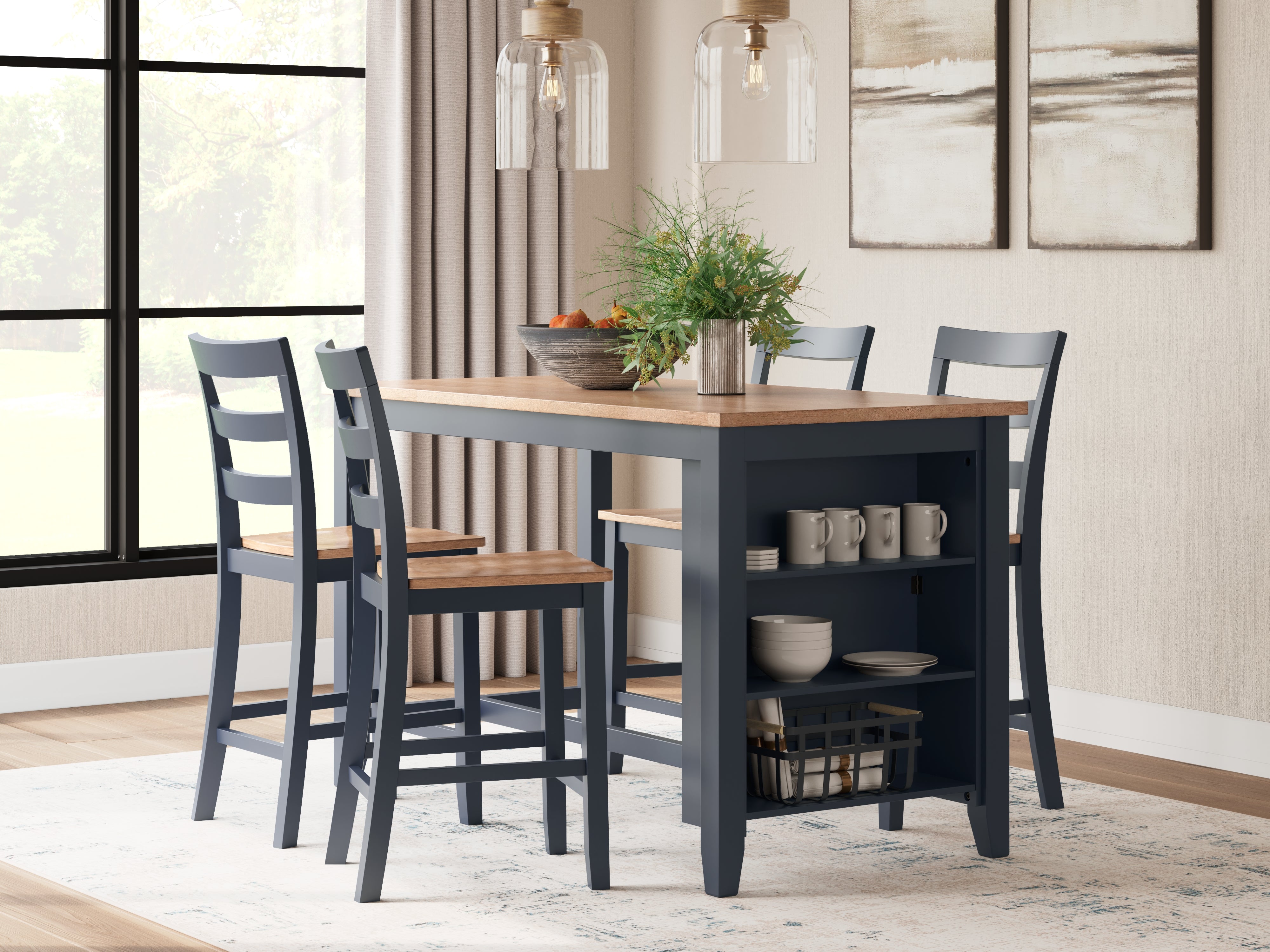 Hoover Furniture Outlet - Ashley Furniture - Gesthaven Counter Height Dining Table and 4 Barstools - Counter Height Dining Table and 4 Barstools / Natural/Blue - D399D2