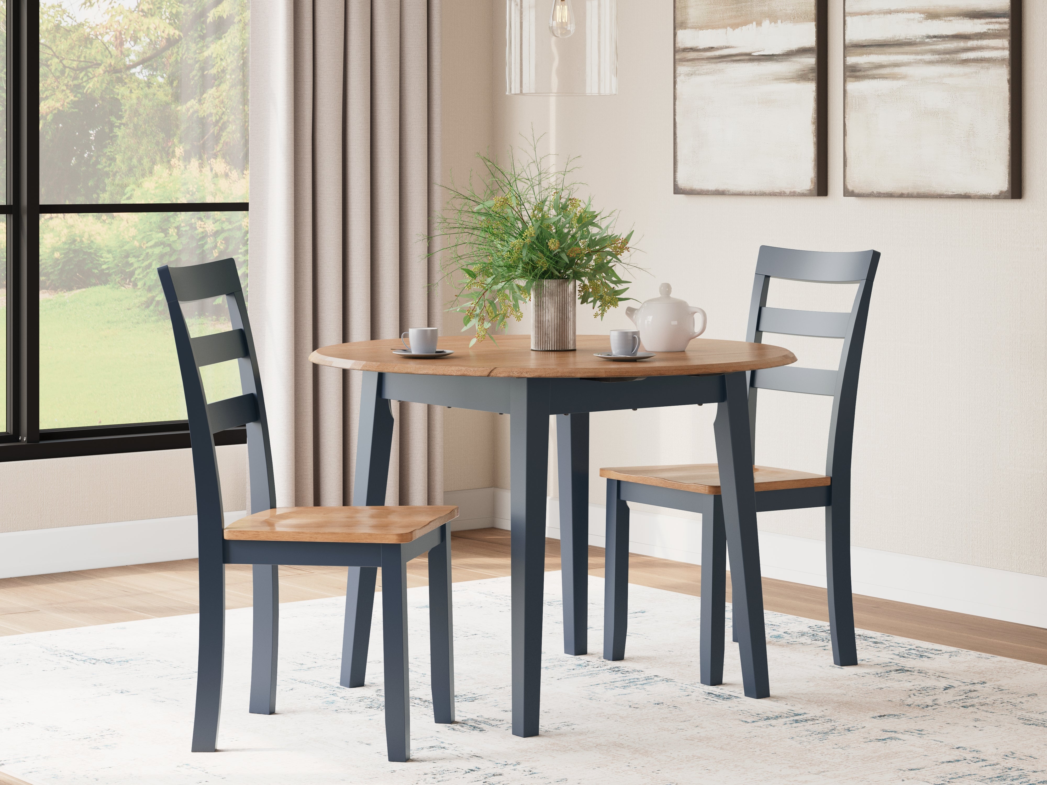 Hoover Furniture Outlet - Ashley Furniture - Gesthaven Dining Table and 2 Chairs - Dining Table and 2 Chairs / Natural/Blue - D399D4