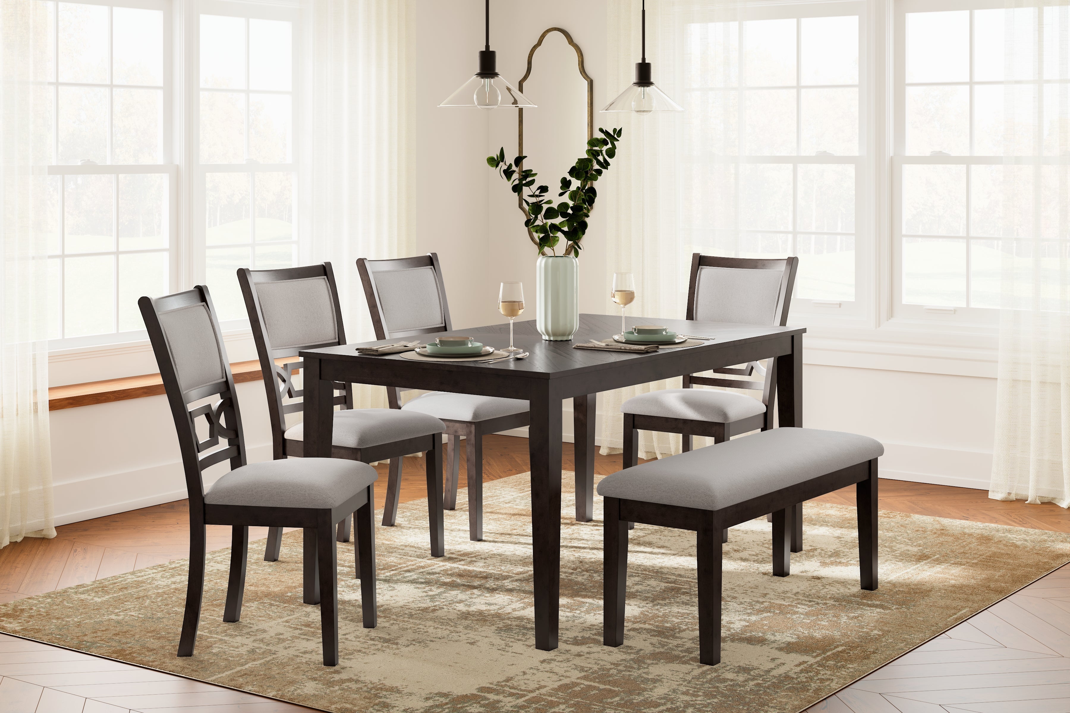 Hoover Furniture Outlet - Ashley Furniture - Langwest Dining Table and 4 Chairs and Bench (Set of 6) - Dining Room Table Set (6/CN) / Brown - D422-325