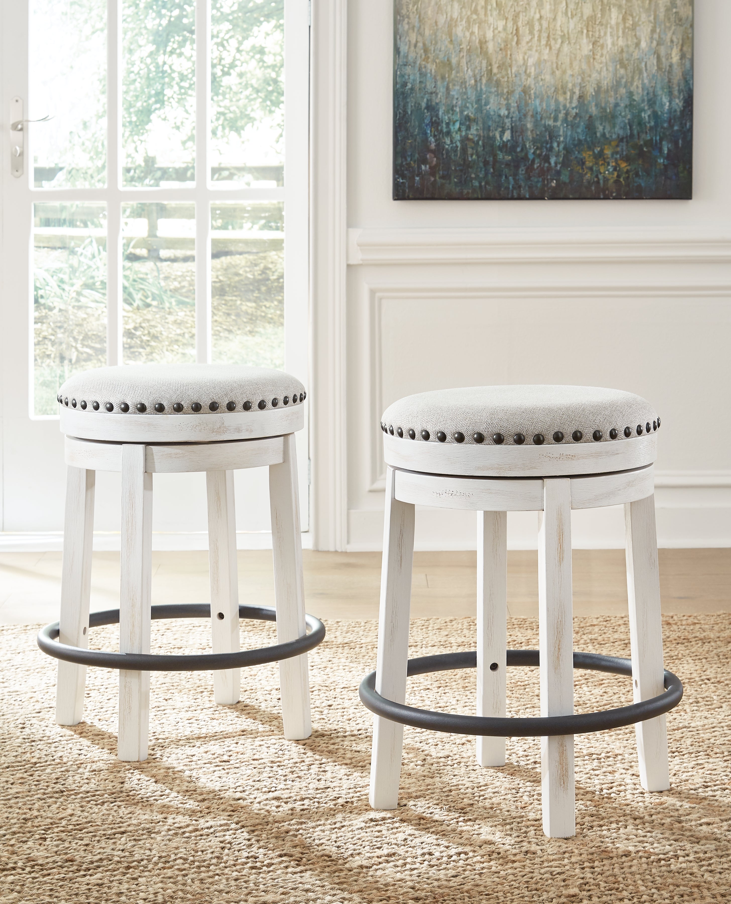 Hoover Furniture Outlet - Ashley Furniture - Valebeck Counter Height Stool - UPH Swivel Stool (1/CN) / White/Black - D546-324