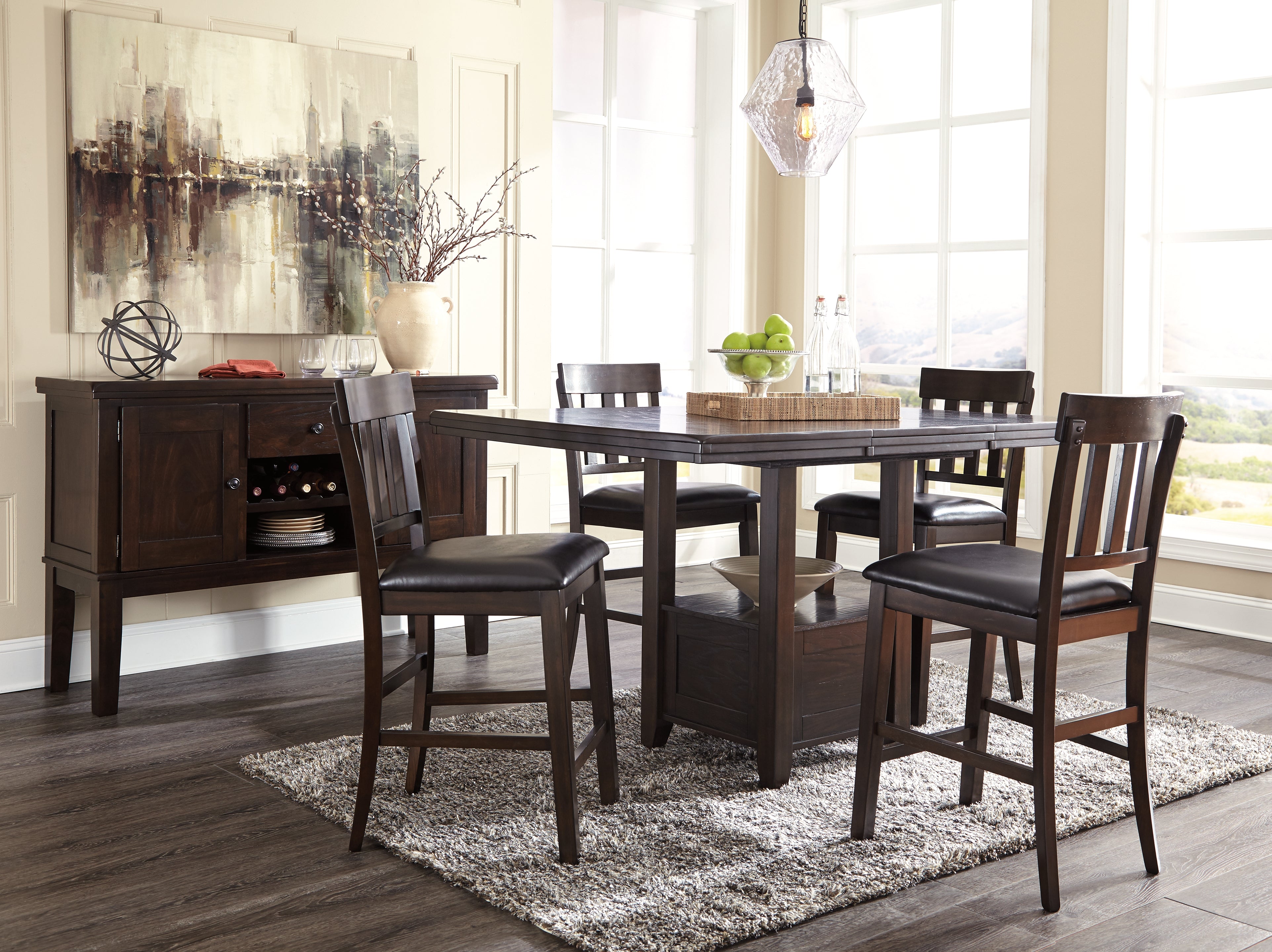 Hoover Furniture Outlet - Ashley Furniture - Haddigan Counter Height Dining Table, 4 Barstools and Server - Counter Height Dining Table, 4 Barstools and Server - D596D8