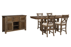 Hoover Furniture Outlet - Ashley Furniture - Moriville Counter Height Dining Table, 4 Barstools and Server - Counter Height Dining Table, 4 Barstools and Server - D631D8