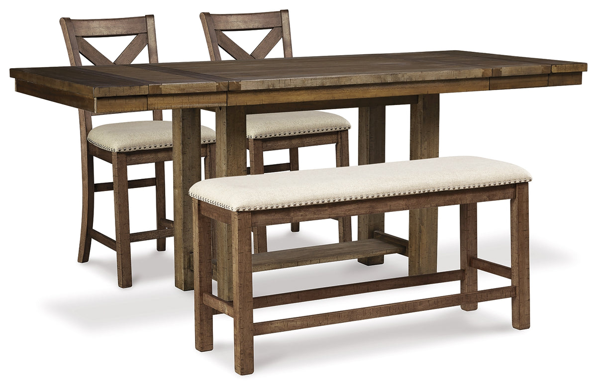 Hoover Furniture Outlet - Ashley Furniture - Moriville Counter Height Dining Table and 2 Barstools and Bench - Counter Height Dining Table and 2 Barstools and Bench - D631D9