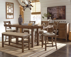 Hoover Furniture Outlet - Ashley Furniture - Moriville Counter Height Dining Table with 4 Barstools, Bench, and Server - Counter Height Dining Table with 4 Barstools, Bench, and Server - D631D4