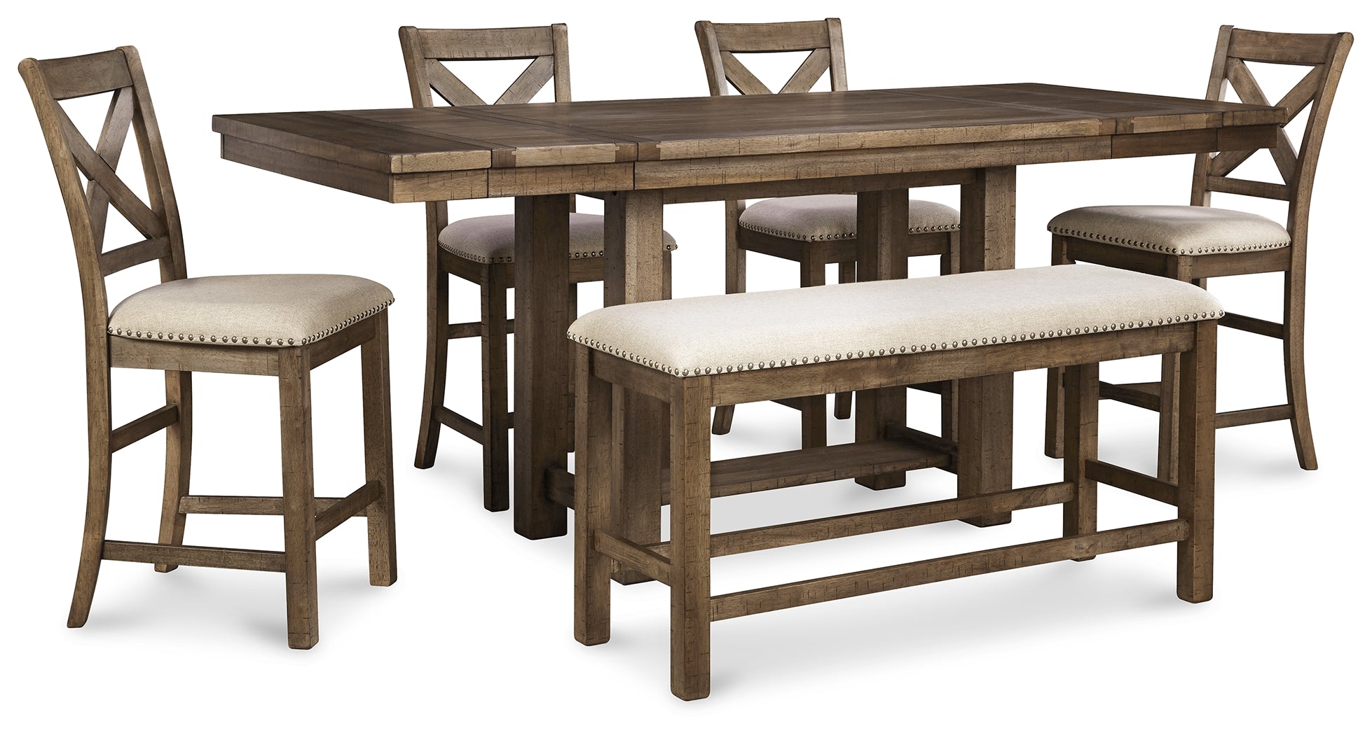 Hoover Furniture Outlet - Ashley Furniture - Moriville Counter Height Dining Table with 4 Barstools and Bench - Counter Height Dining Table with 4 Barstools and Bench - D631D3