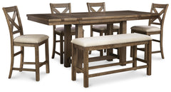 Hoover Furniture Outlet - Ashley Furniture - Moriville Counter Height Dining Table with 4 Barstools and Bench - Counter Height Dining Table with 4 Barstools and Bench - D631D3