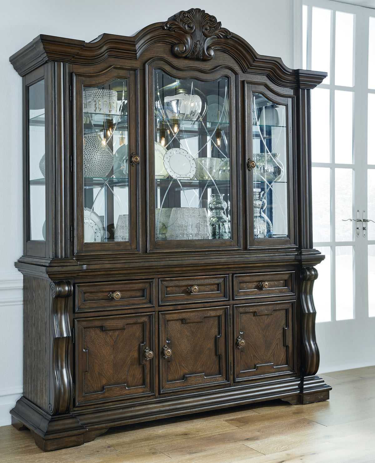 Hoover Furniture Outlet - Ashley Furniture - Maylee Dining Buffet and Hutch - Dining Buffet and Hutch / Dark Brown - D947D1